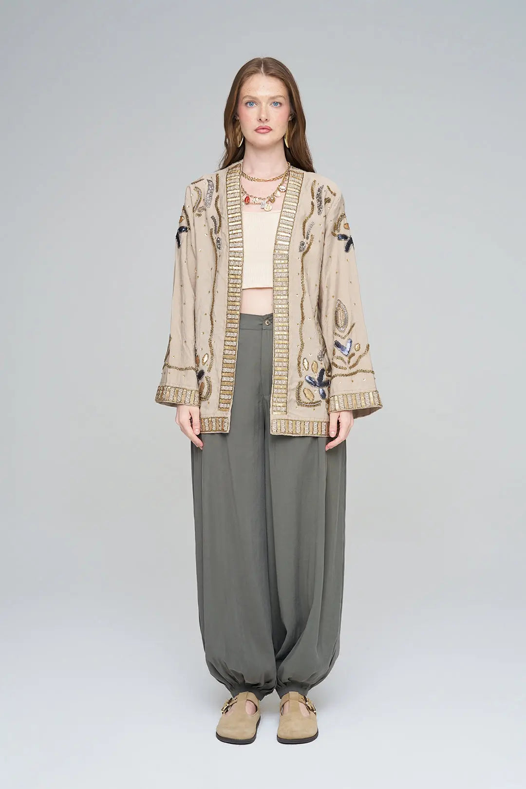 Boncuk ve Pul İşlemeli Bej Tencel Kimono ORFEONEGRO