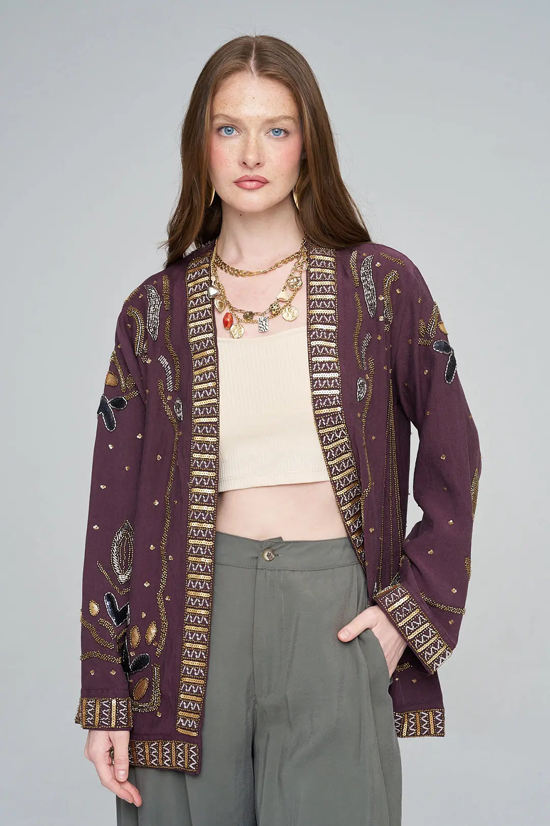 Boncuk ve Pul İşlemeli Bordo Tencel Kimono ORFEONEGRO