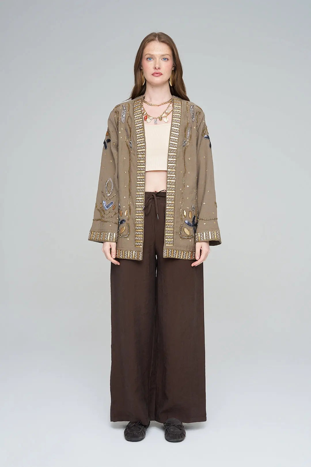 Boncuk ve Pul İşlemeli Haki Tencel Kimono ORFEONEGRO
