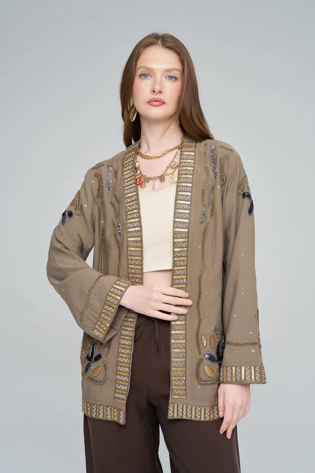 Boncuk ve Pul İşlemeli Haki Tencel Kimono ORFEONEGRO
