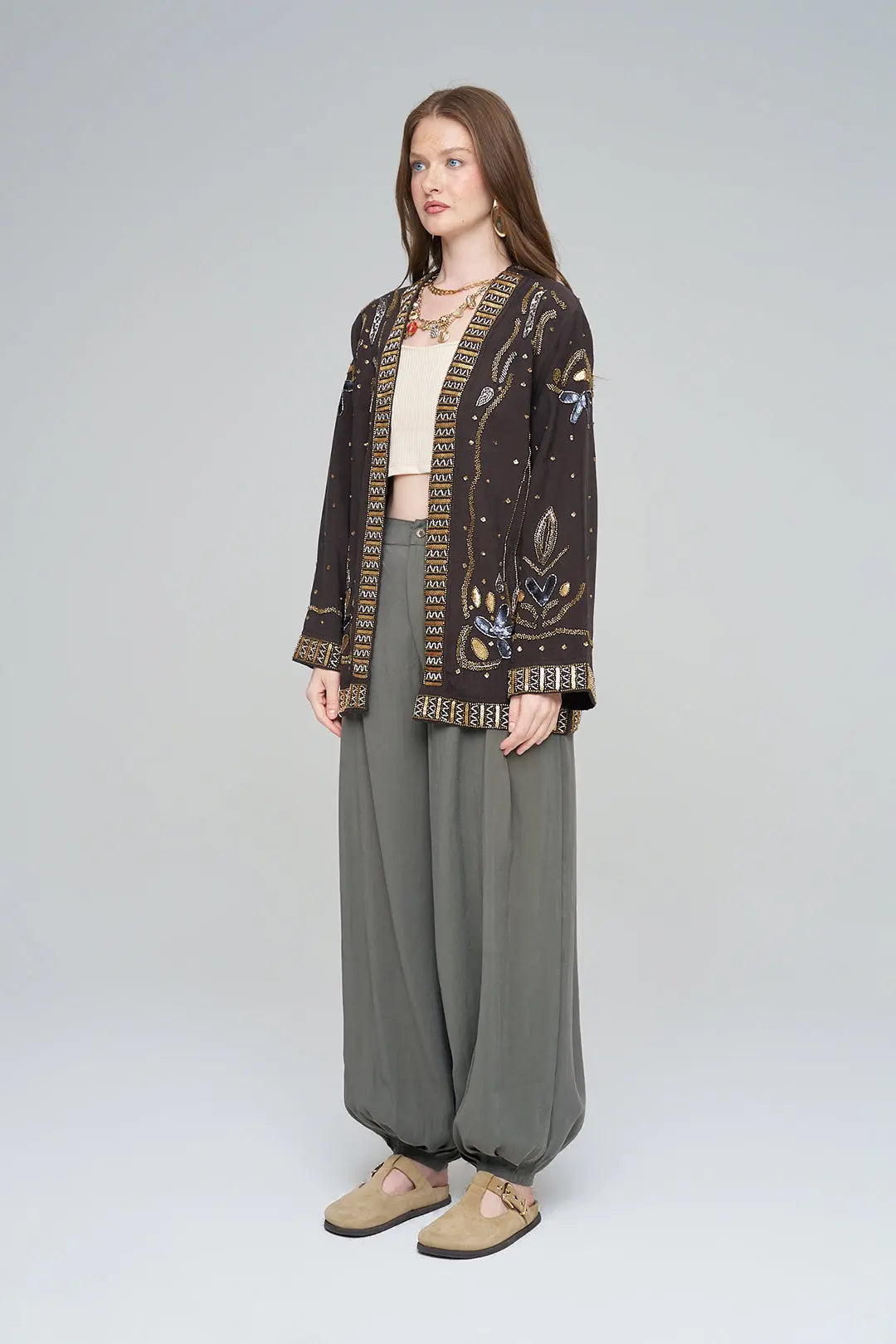 Boncuk ve Pul İşlemeli Kahve Tencel Kimono ORFEONEGRO
