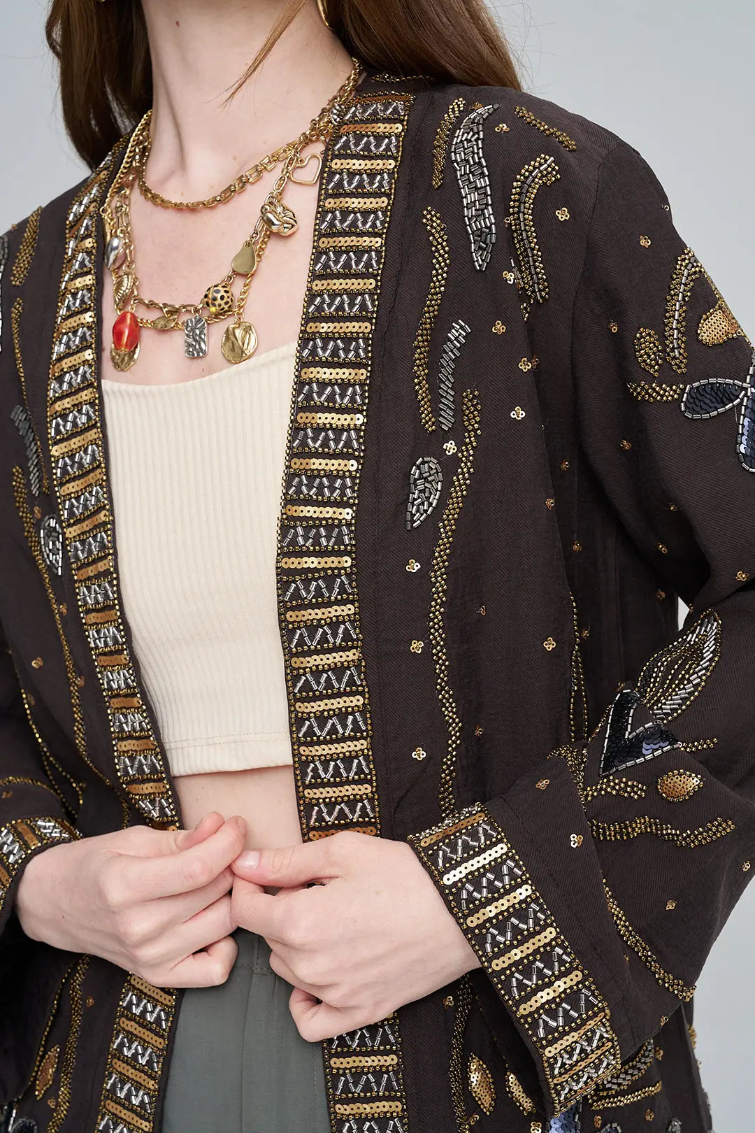 Boncuk ve Pul İşlemeli Kahve Tencel Kimono ORFEONEGRO