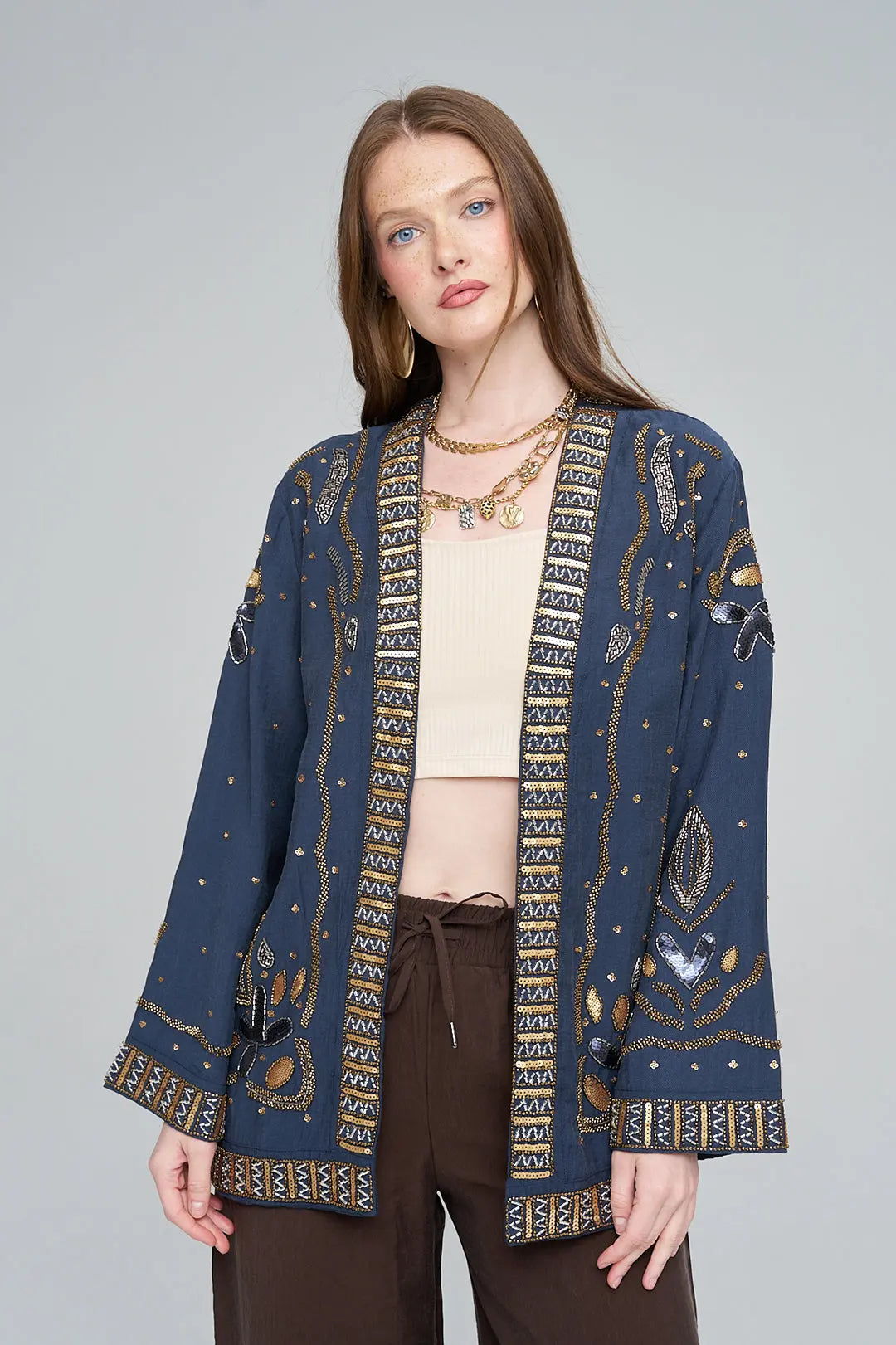 Boncuk ve Pul İşlemeli Laci Tencel Kimono ORFEONEGRO