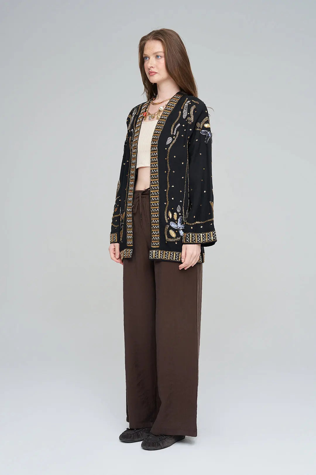 Boncuk ve Pul İşlemeli Siyah Tencel Kimono ORFEONEGRO
