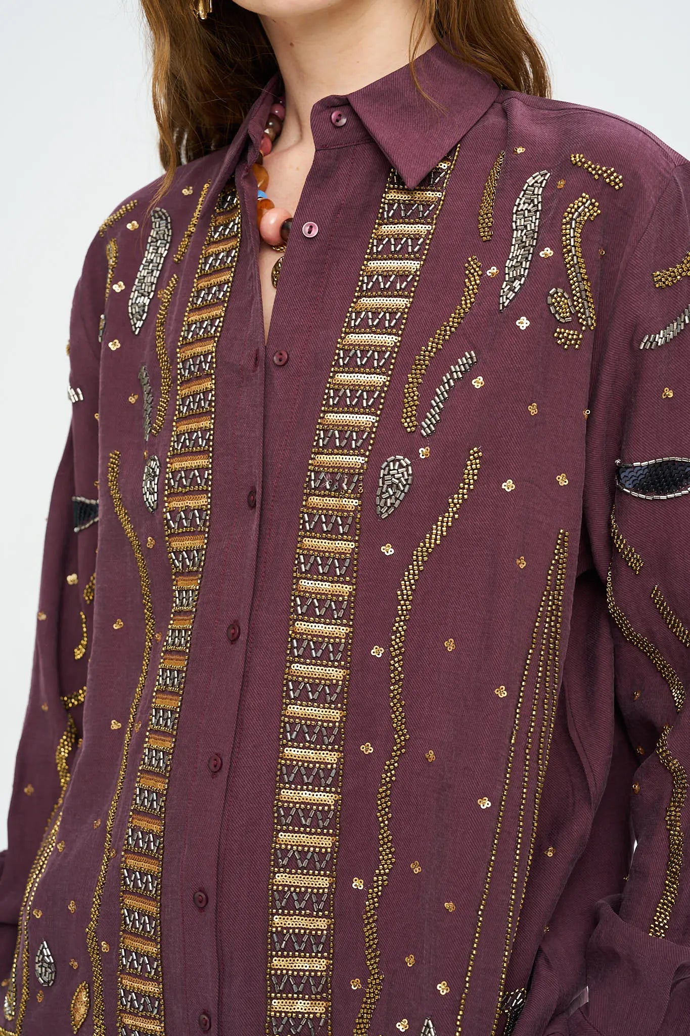 Toptan Taş İşlemeli Oversize Gömlek - Bordo ORFEONEGRO