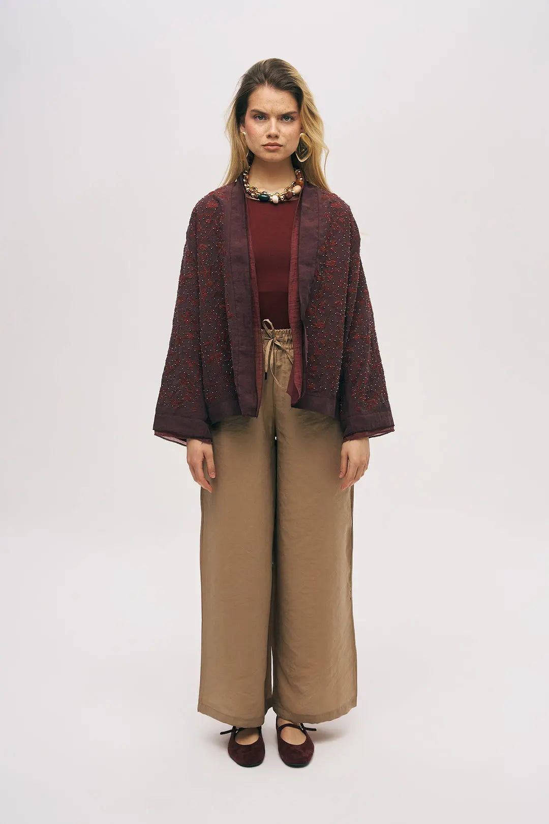 Nakış ve Boncuk İşlemeli Kimono Bordo ORFEONEGRO