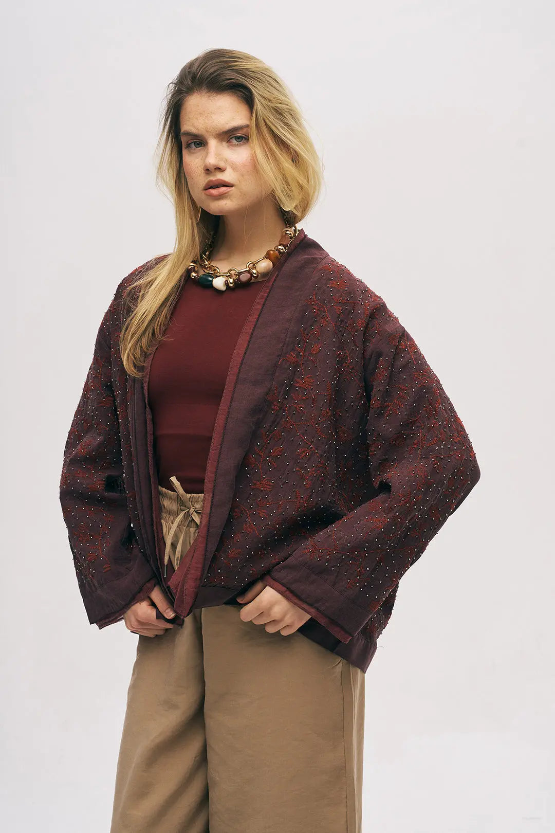 Nakış ve Boncuk İşlemeli Kimono Bordo ORFEONEGRO