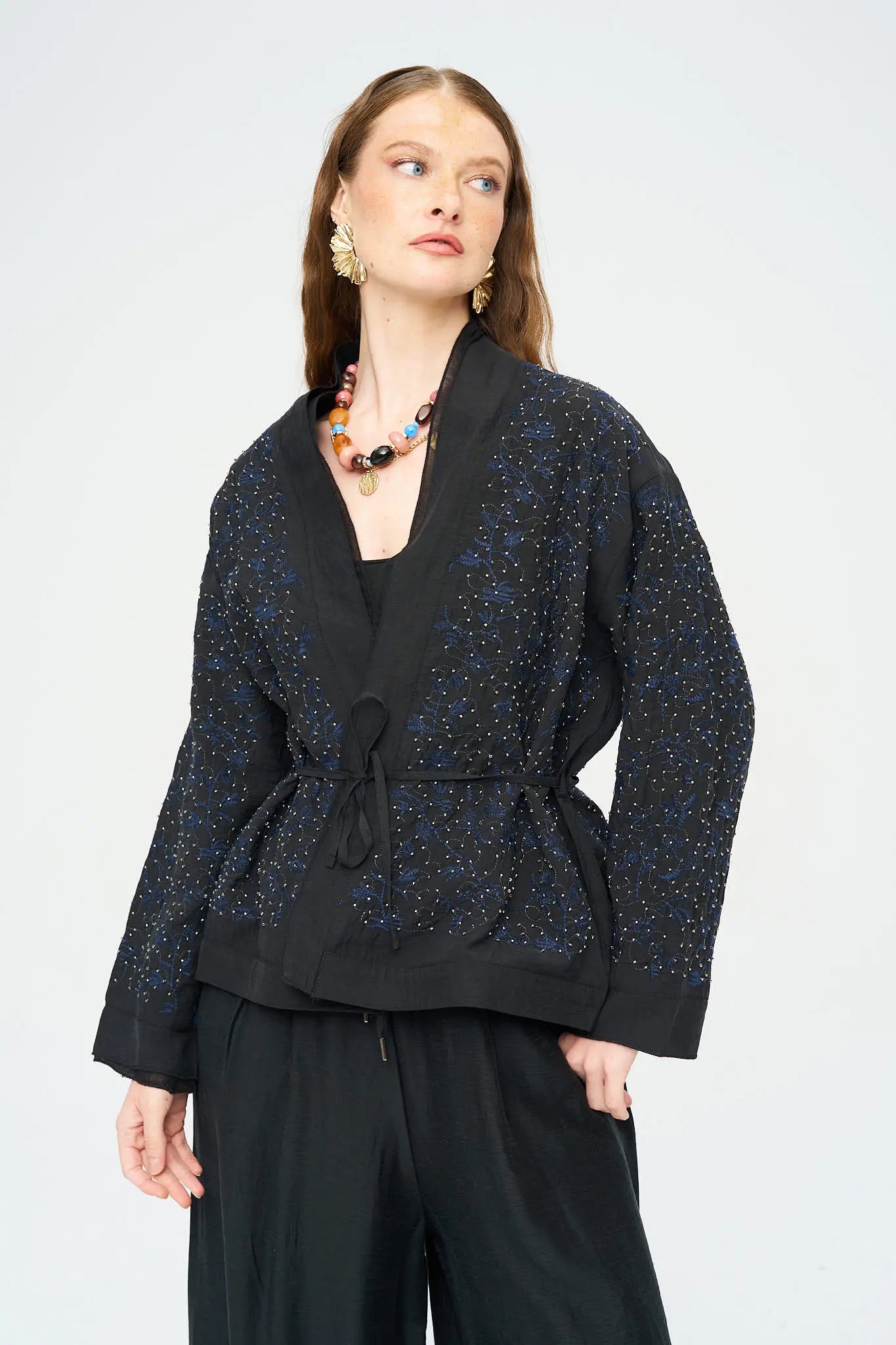 Nakış ve Boncuk İşlemeli Kimono Siyah ORFEONEGRO