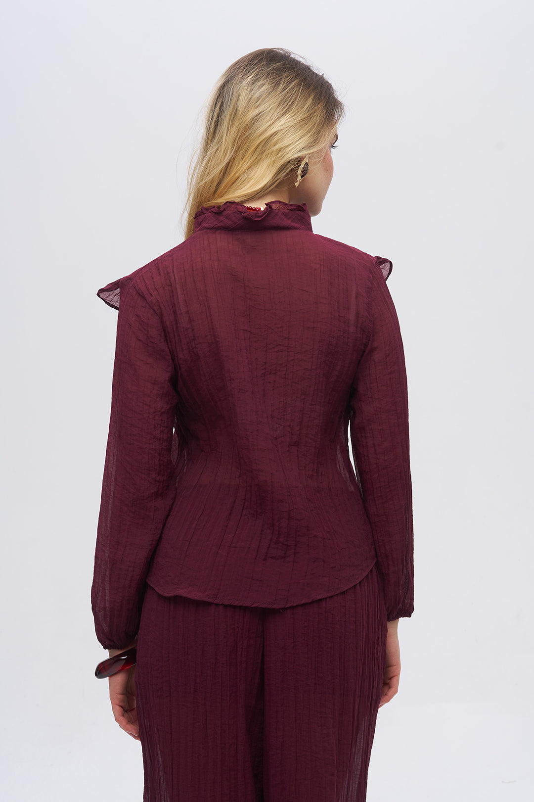 Bordo Fırfır Detaylı Dik Yaka Bluz