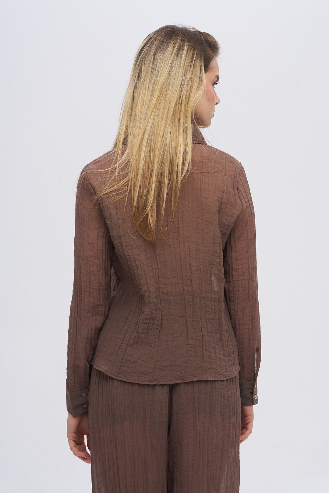 Çizgi Dokulu Klasik Yaka Transparan Gömlek Kahve