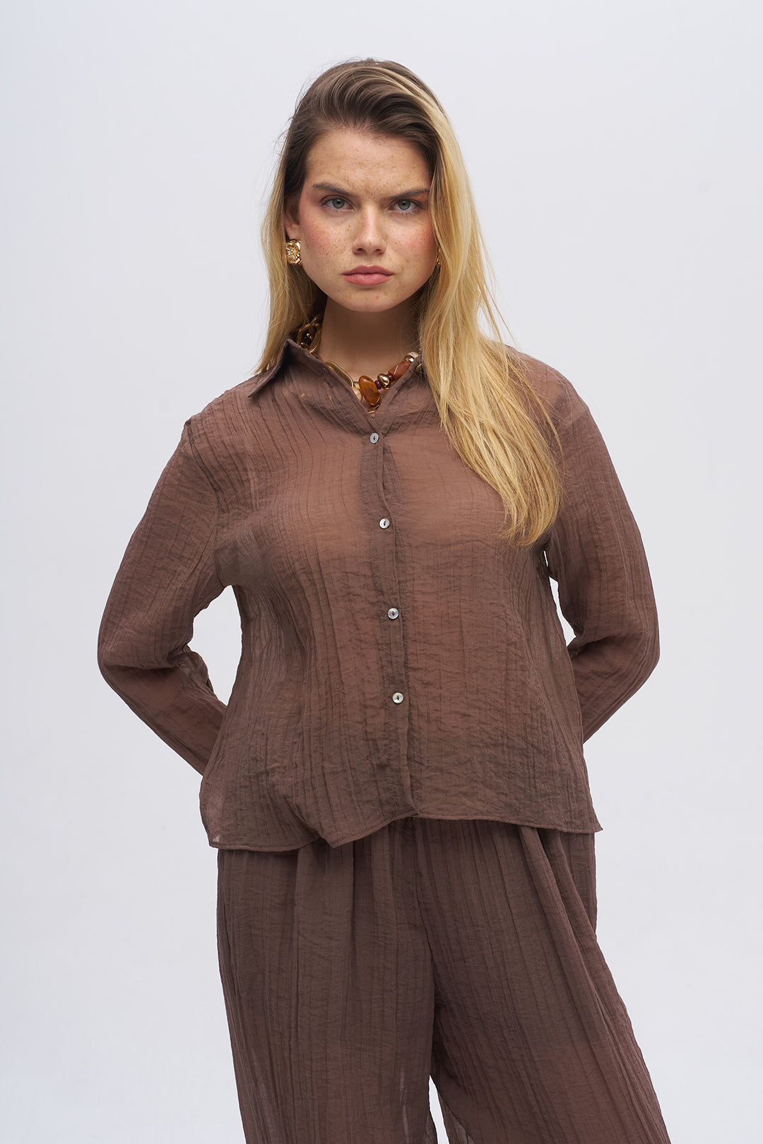 Çizgi Dokulu Klasik Yaka Transparan Gömlek Kahve