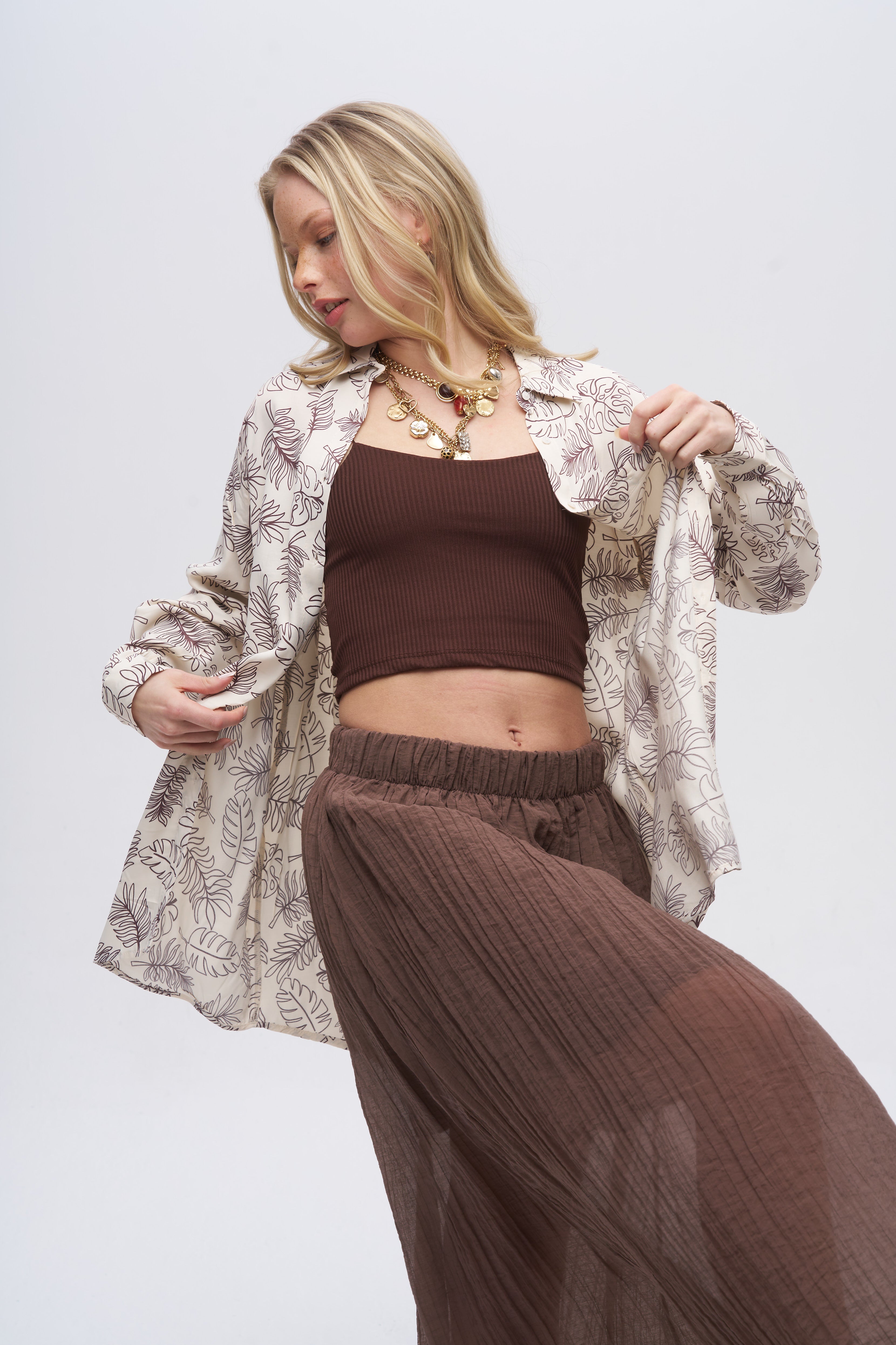 Yaprak Desenli Uzun Kollu Oversize Kesim Gömlek