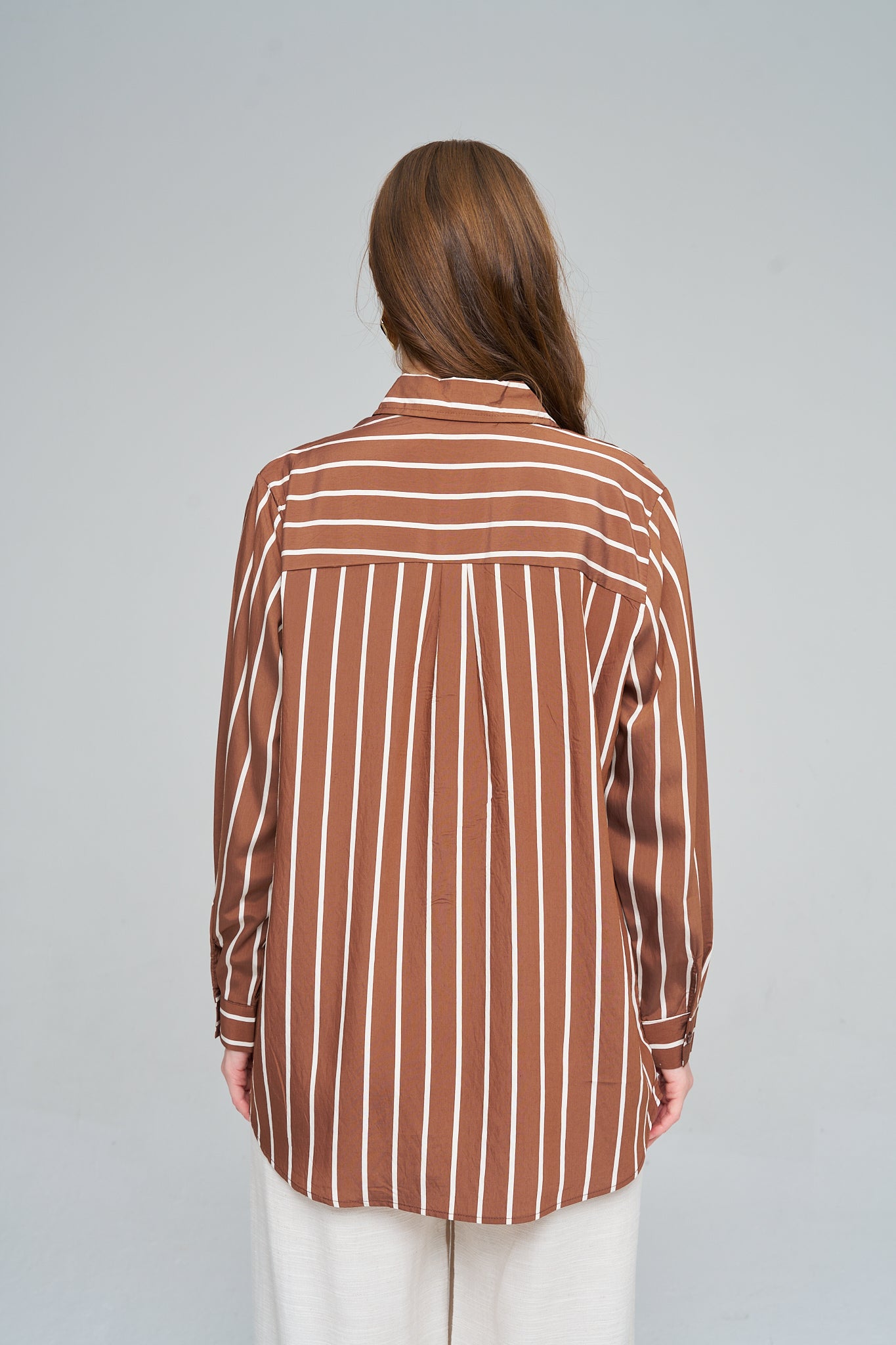 Orfeonegro Kahverengi Çizgili Oversize Kadın Gömlek