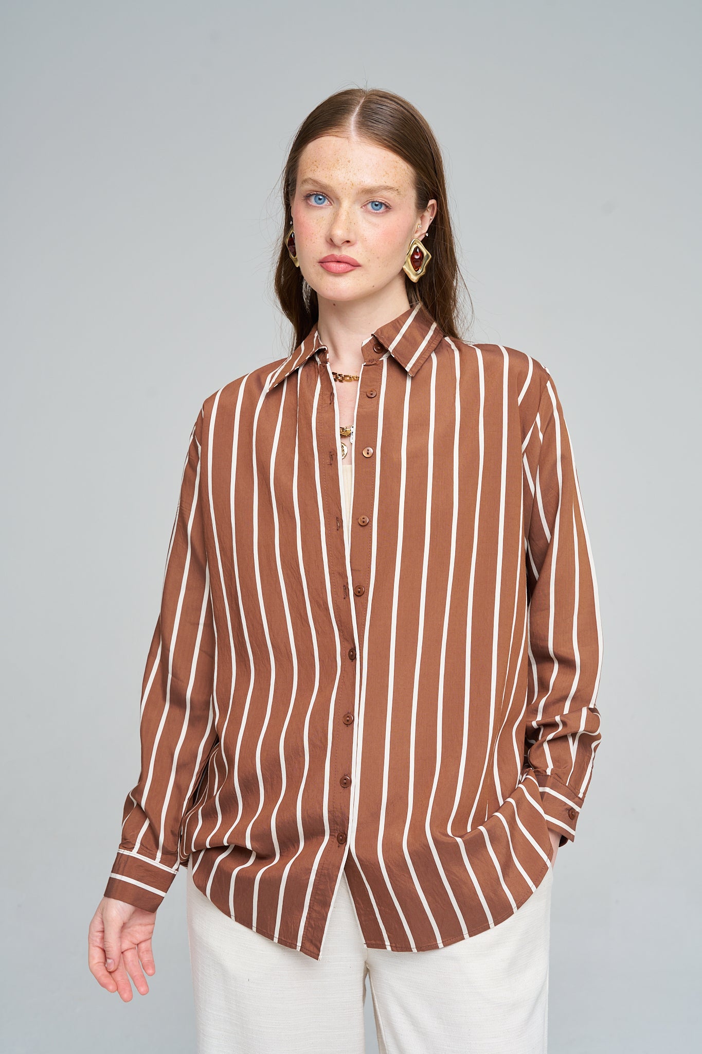 Orfeonegro Kahverengi Çizgili Oversize Kadın Gömlek
