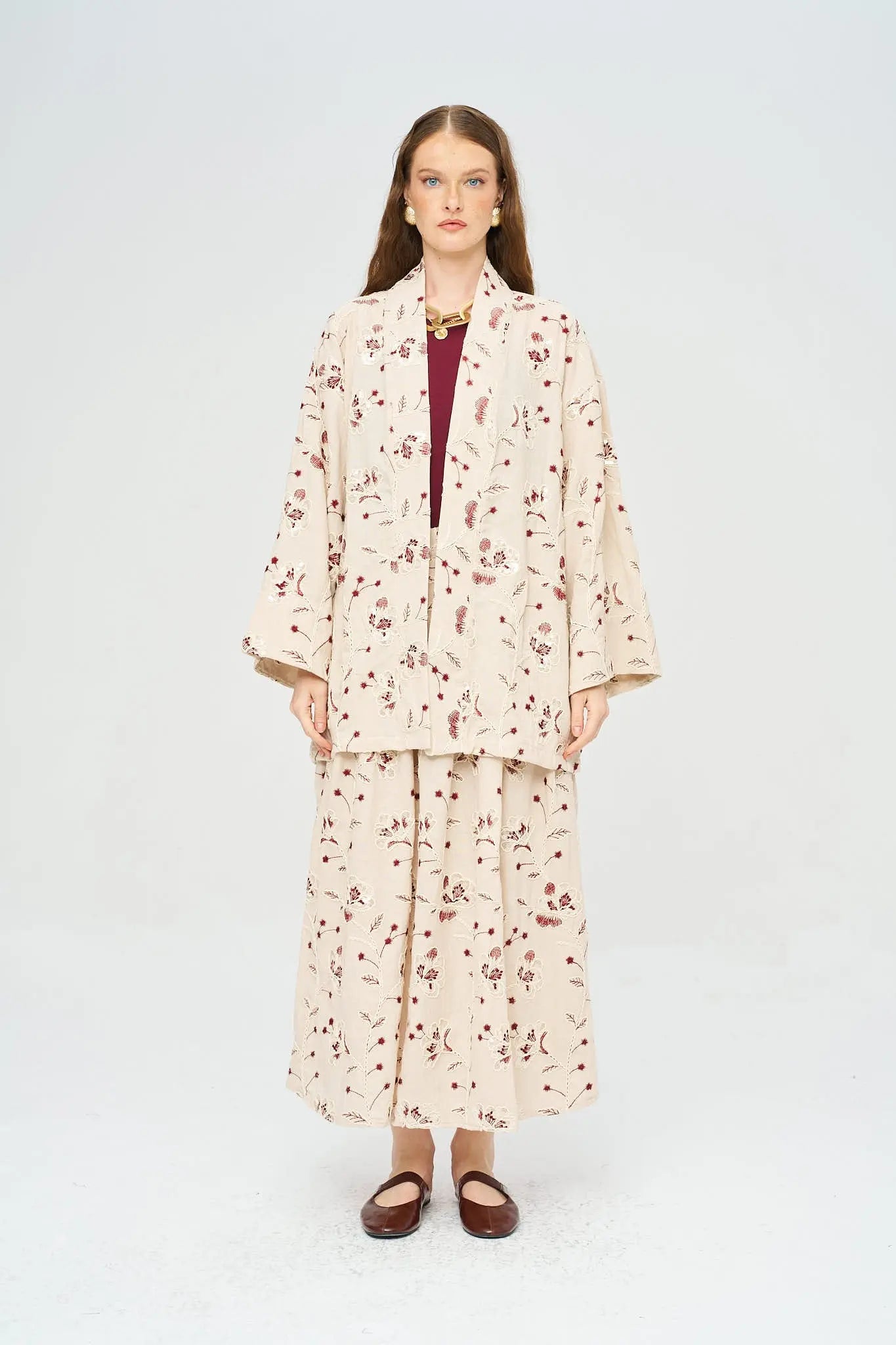 Çiçek Nakışlı ve Pullu Kimono - Bordo ORFEONEGRO
