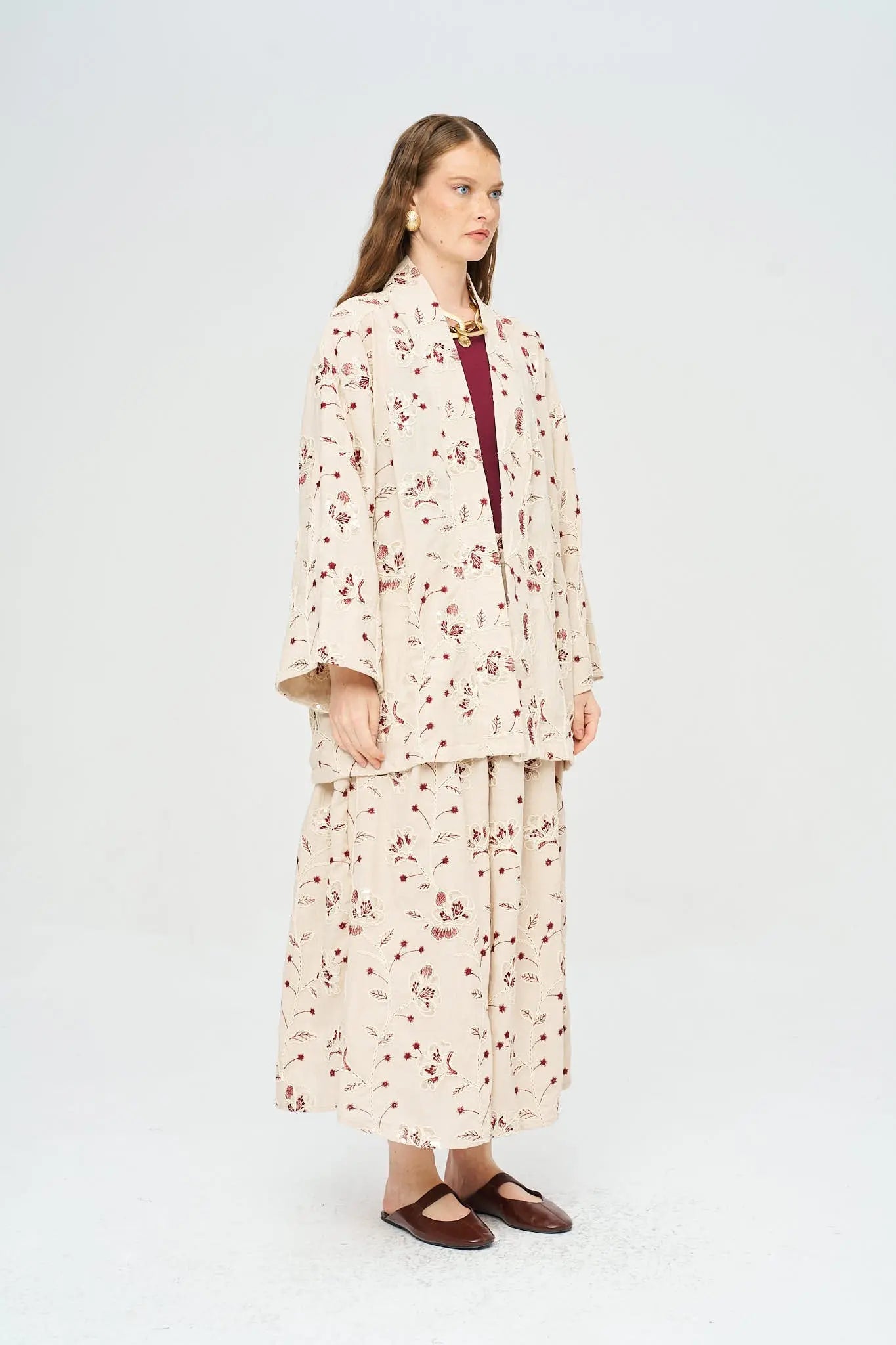Çiçek Nakışlı ve Pullu Kimono - Bordo ORFEONEGRO