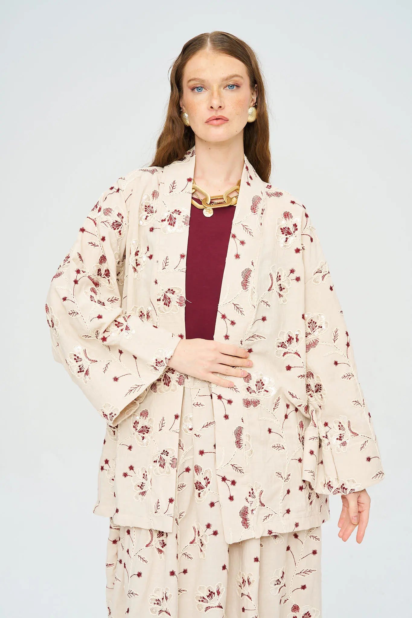Çiçek Nakışlı ve Pullu Kimono - Bordo ORFEONEGRO