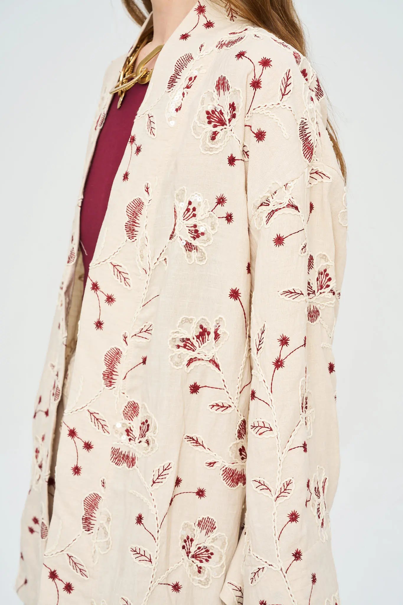 Çiçek Nakışlı ve Pullu Kimono - Bordo ORFEONEGRO