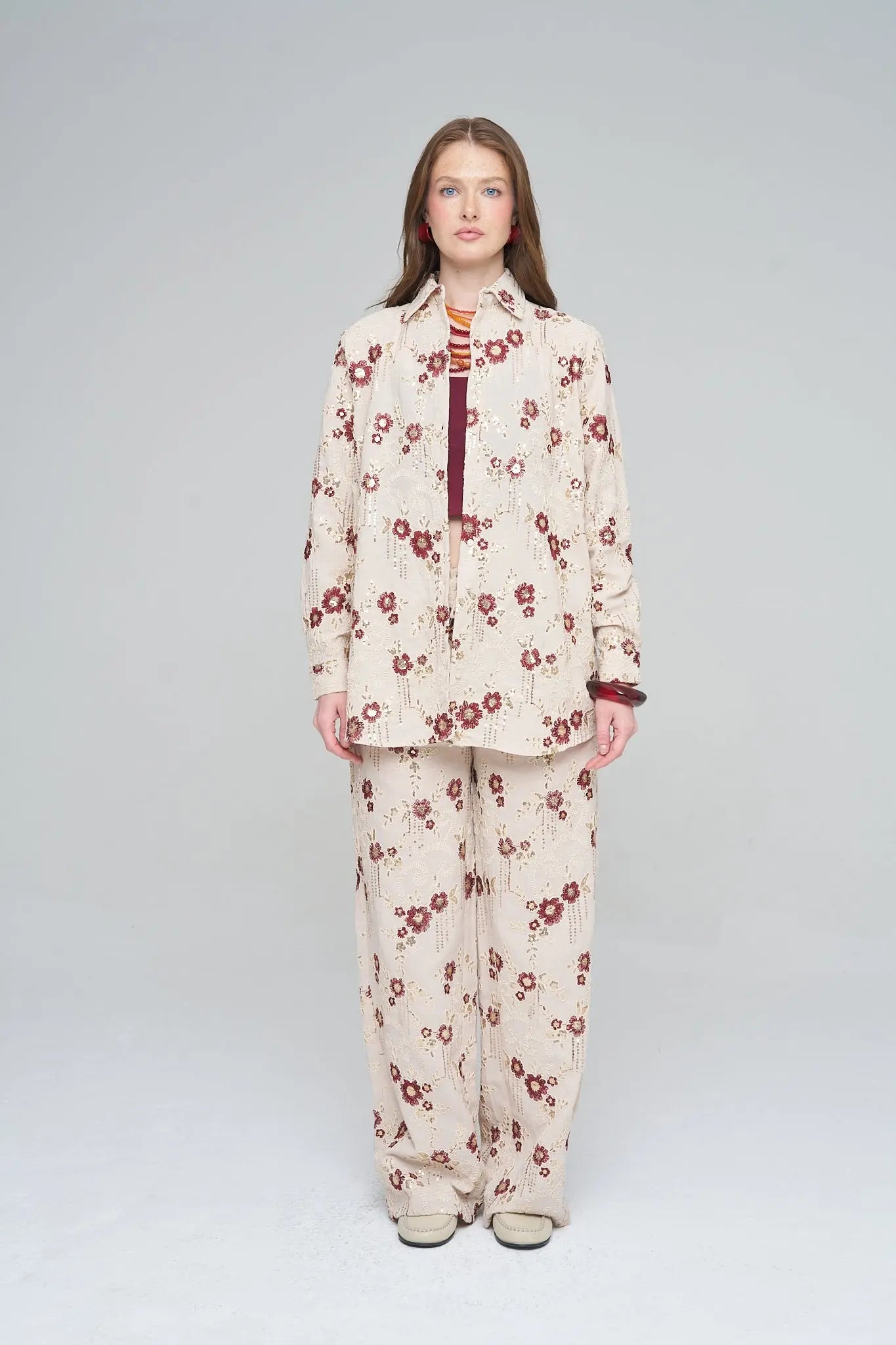 Oversize Nakışlı ve Payetli Tasarım Gömlek Bordo ORFEONEGRO