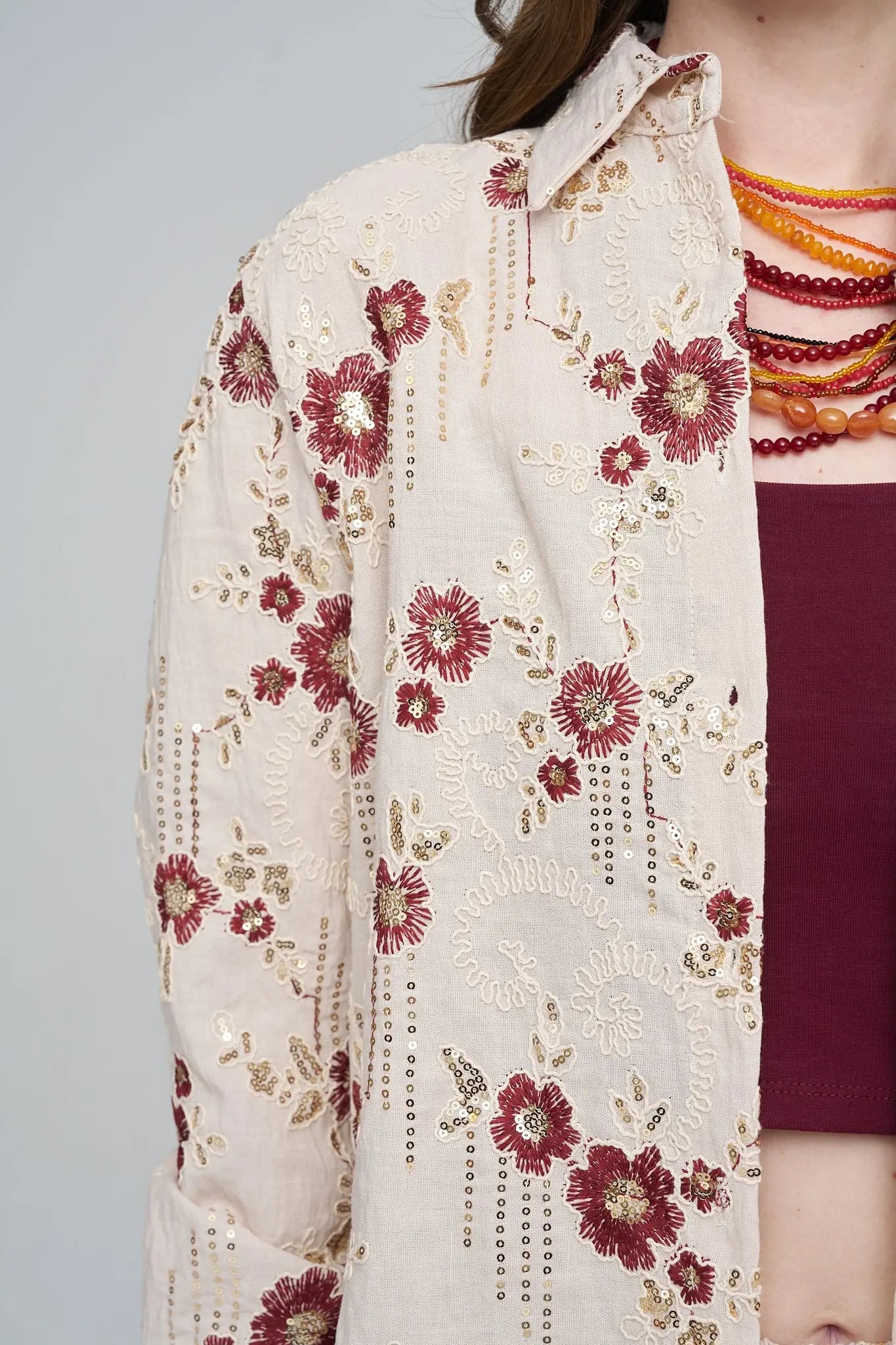 Oversize Nakışlı ve Payetli Tasarım Gömlek Bordo ORFEONEGRO