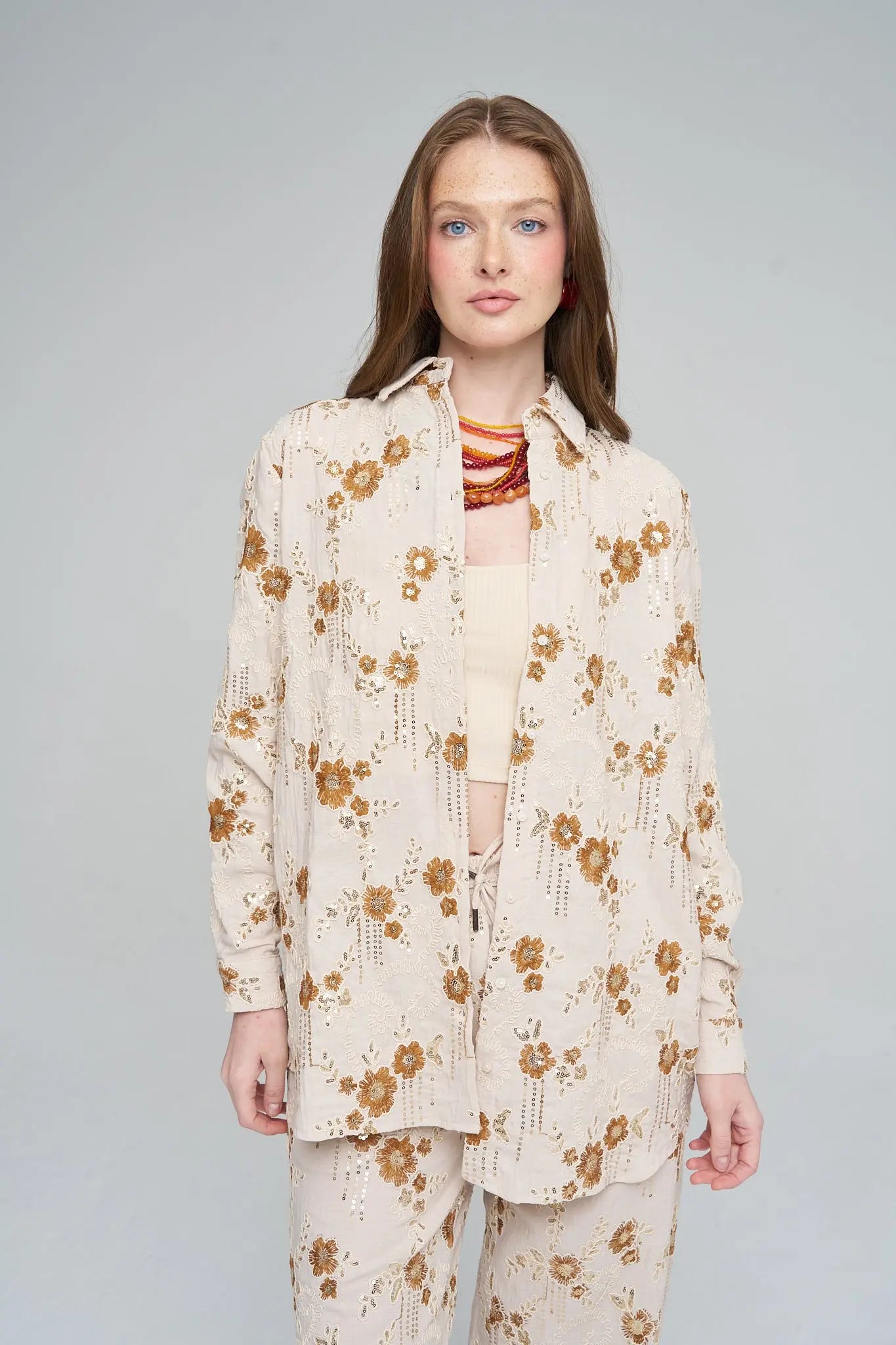 Oversize Nakışlı ve Payetli Tasarım Gömlek Turuncu ORFEONEGRO
