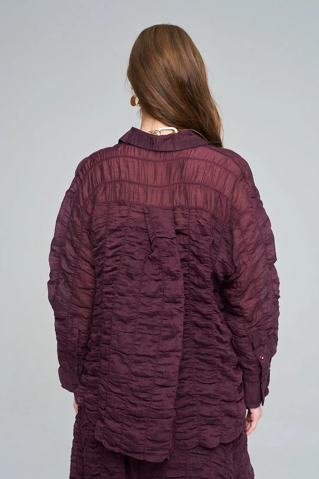 Bubble (Balon) Dokulu Tencel Kadın Gömlek Bordo ORFEONEGRO