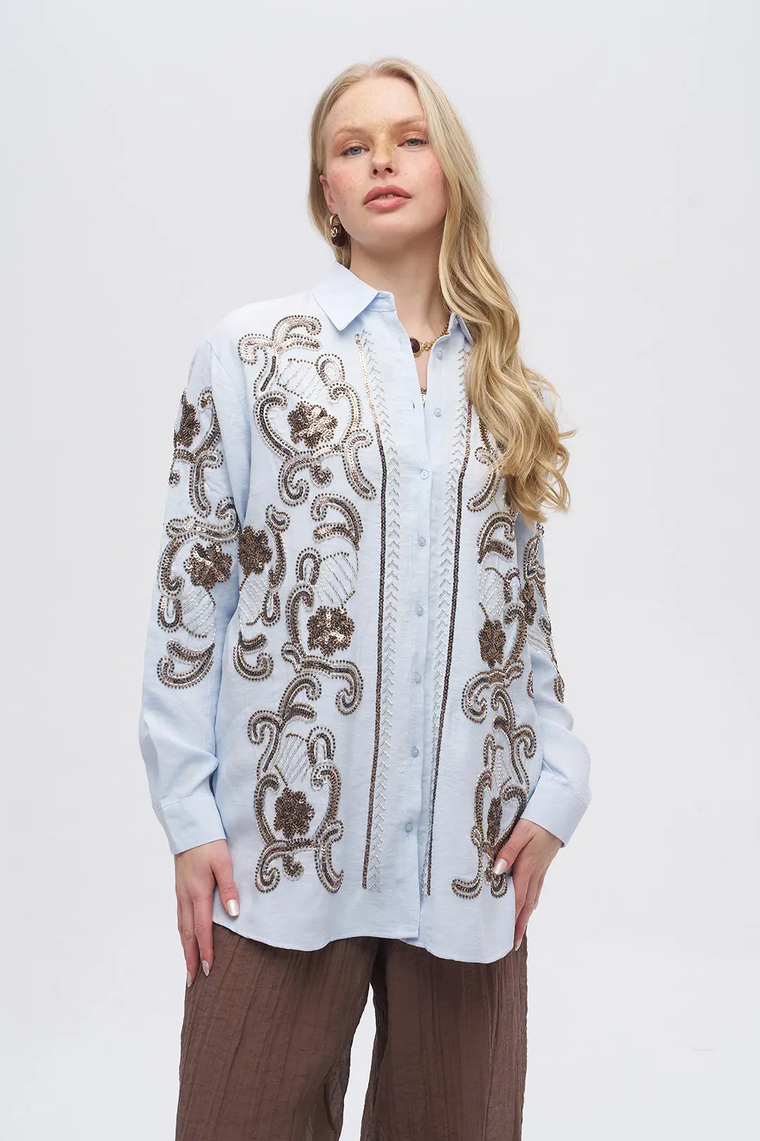 Nakışlı Oversize Gömlek Mavi ORFEONEGRO