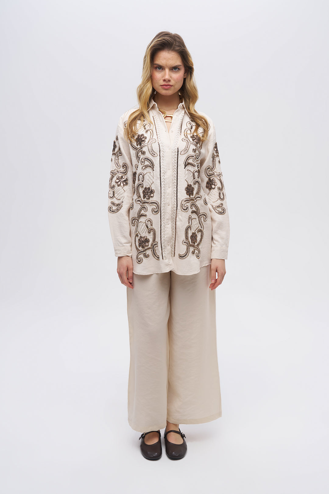 Nakışlı Oversize Gömlek Taş