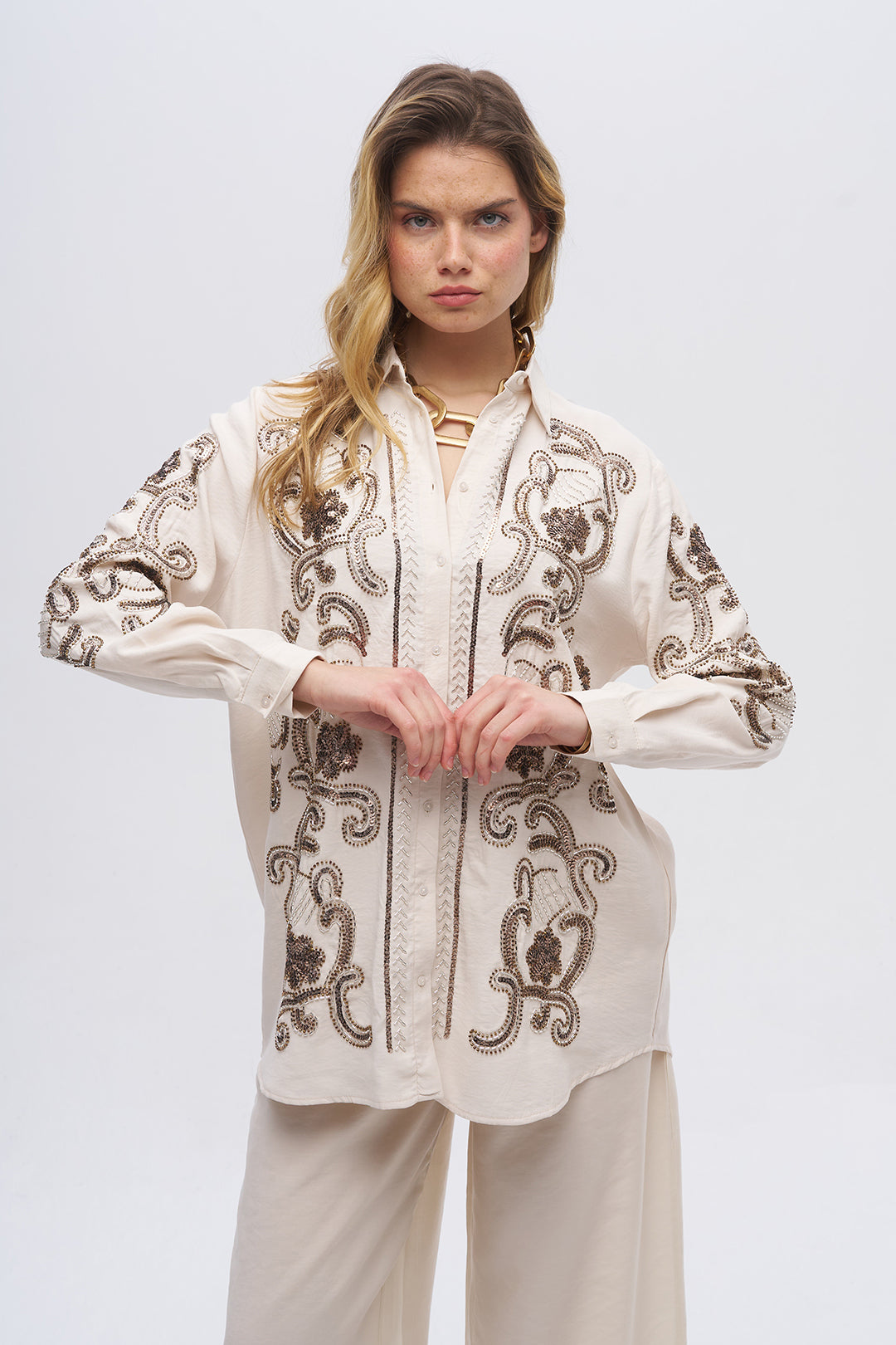 Nakışlı Oversize Gömlek Taş