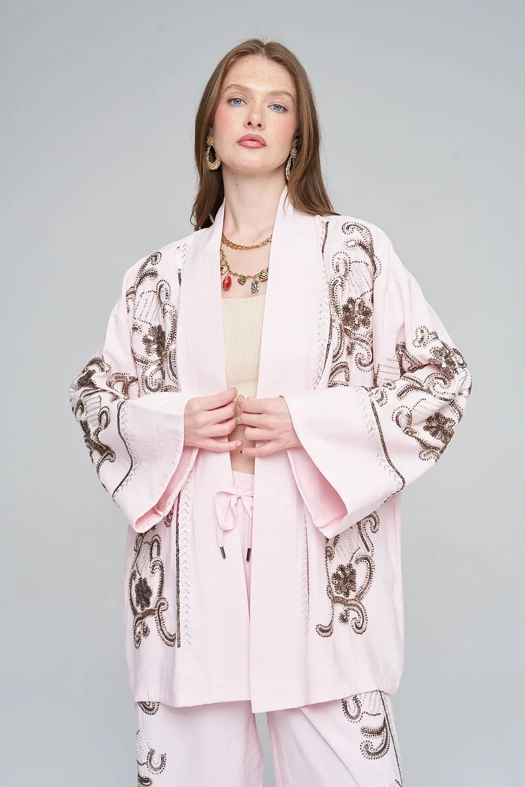 Nakışlı ve Payetli Tasarım Kimono Pudra ORFEONEGRO