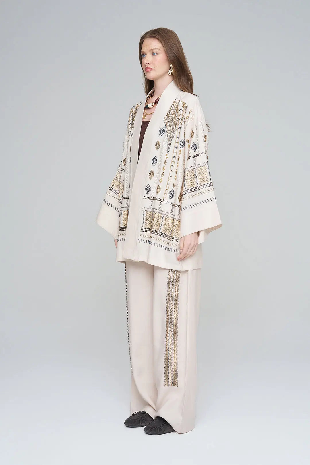 Yoğun Boncuk İşlemeli Oversize Tencel Kimono ORFEONEGRO