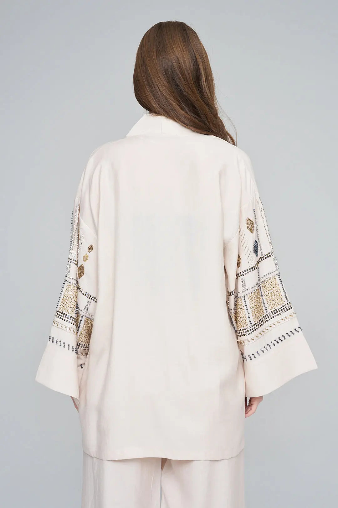 Yoğun Boncuk İşlemeli Oversize Tencel Kimono ORFEONEGRO