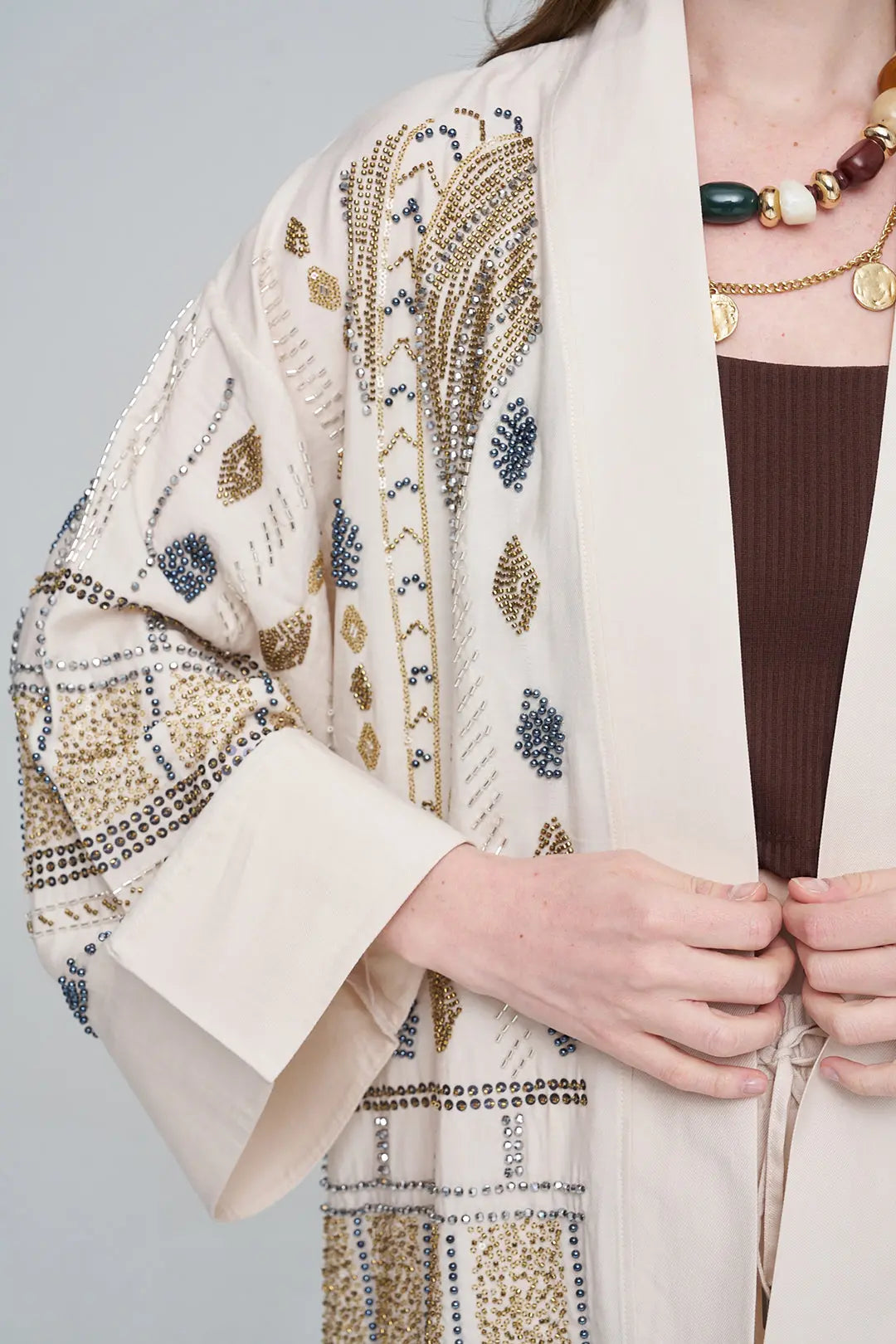 Yoğun Boncuk İşlemeli Oversize Tencel Kimono ORFEONEGRO