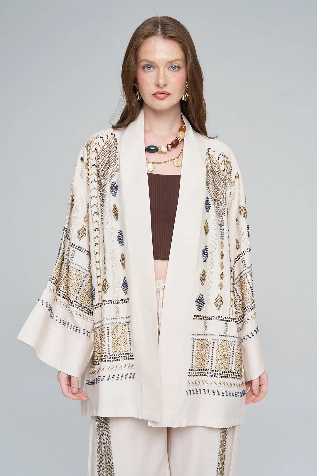 Yoğun Boncuk İşlemeli Oversize Tencel Kimono ORFEONEGRO