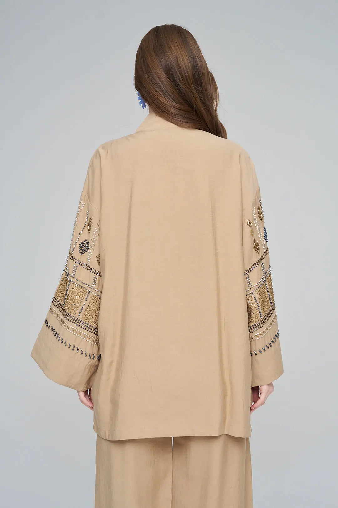 Yoğun Boncuk İşlemeli Oversize Tencel Kimono Karamel ORFEONEGRO