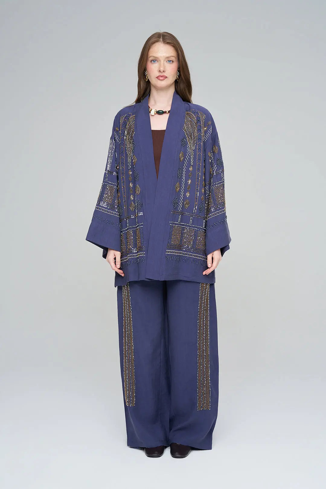 Yoğun Boncuk İşlemeli Oversize Tencel Kimono Laci ORFEONEGRO