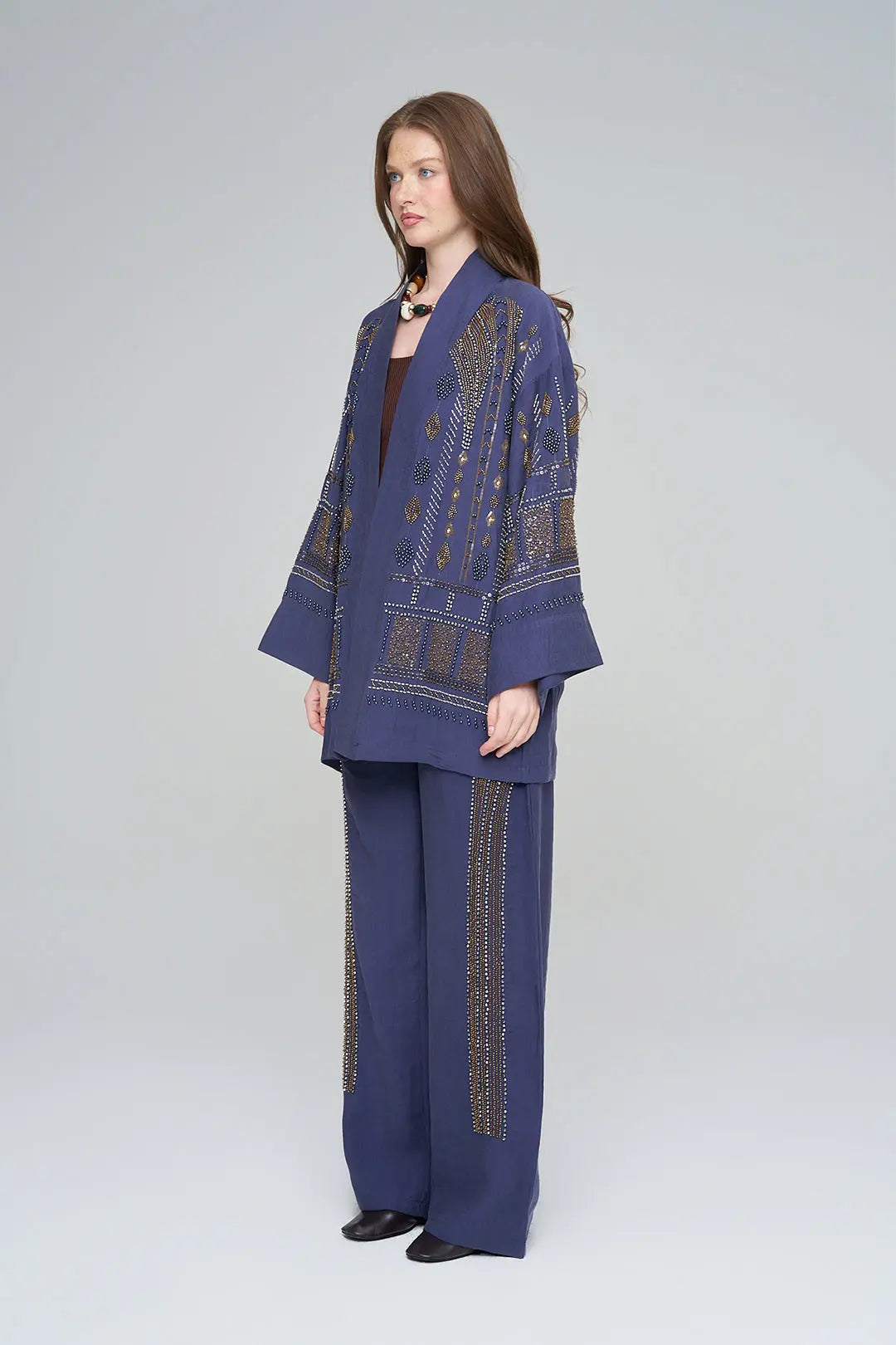 Yoğun Boncuk İşlemeli Oversize Tencel Kimono Laci ORFEONEGRO