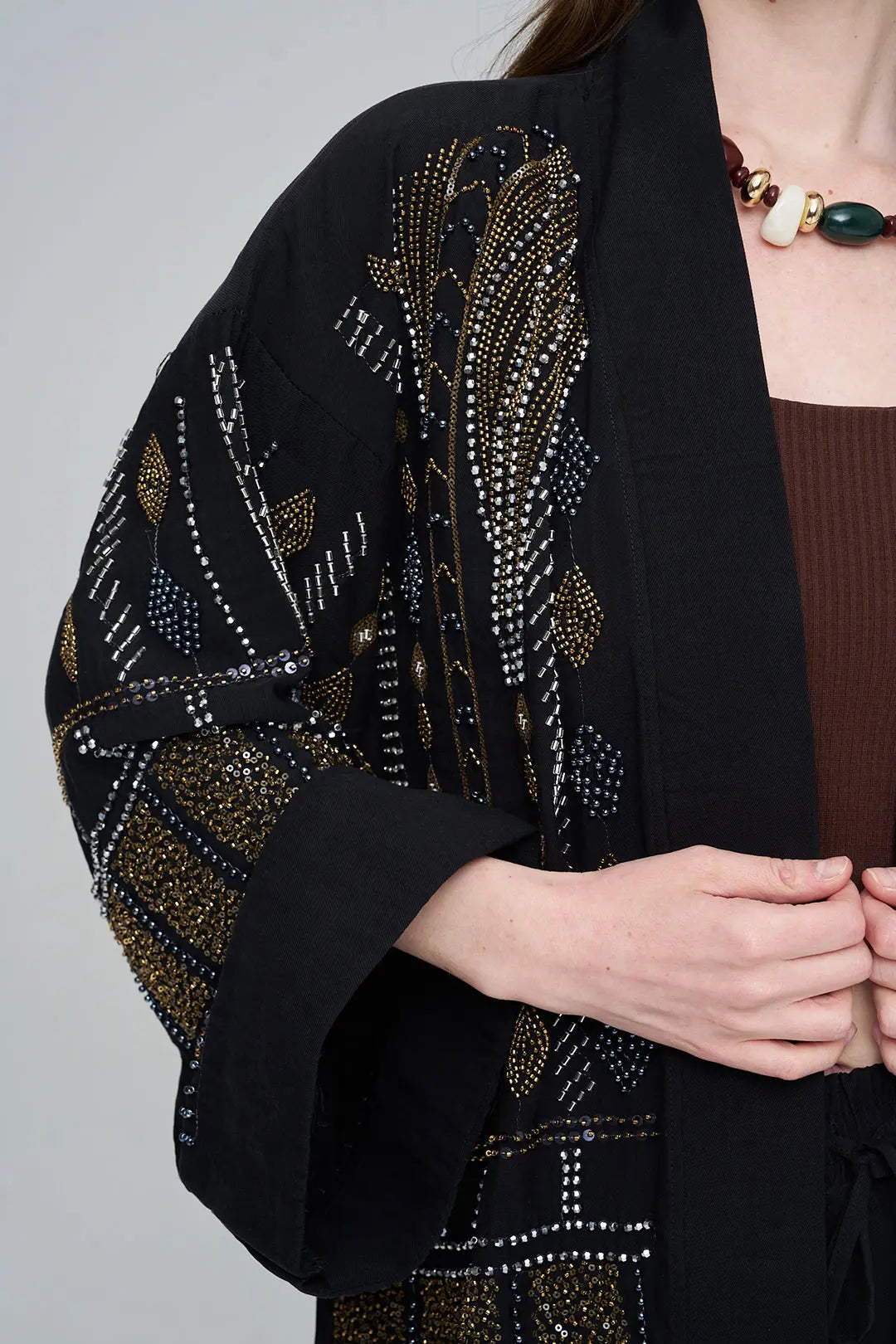 Yoğun Boncuk İşlemeli Oversize Tencel Kimono Siyah ORFEONEGRO