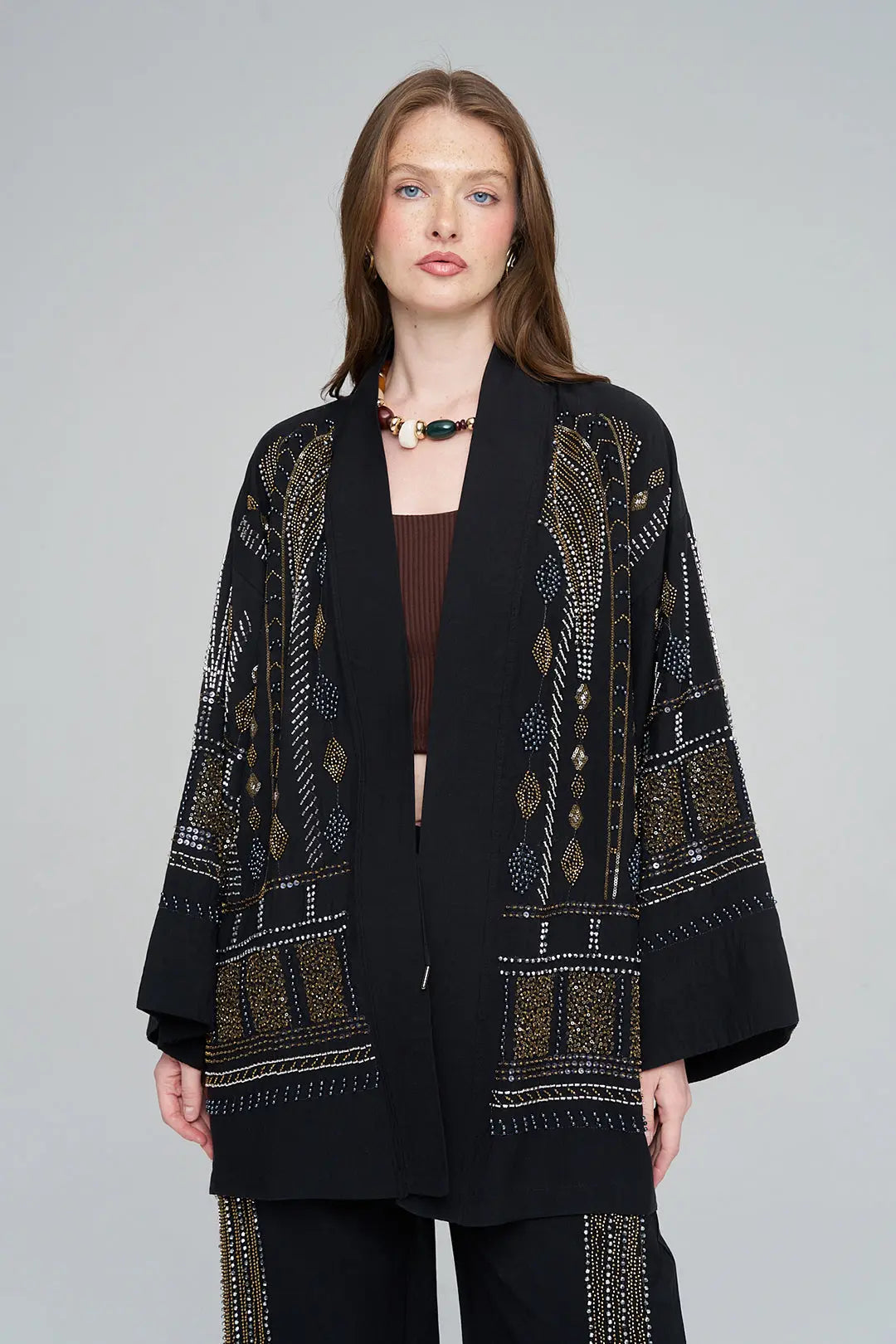 Yoğun Boncuk İşlemeli Oversize Tencel Kimono Siyah ORFEONEGRO