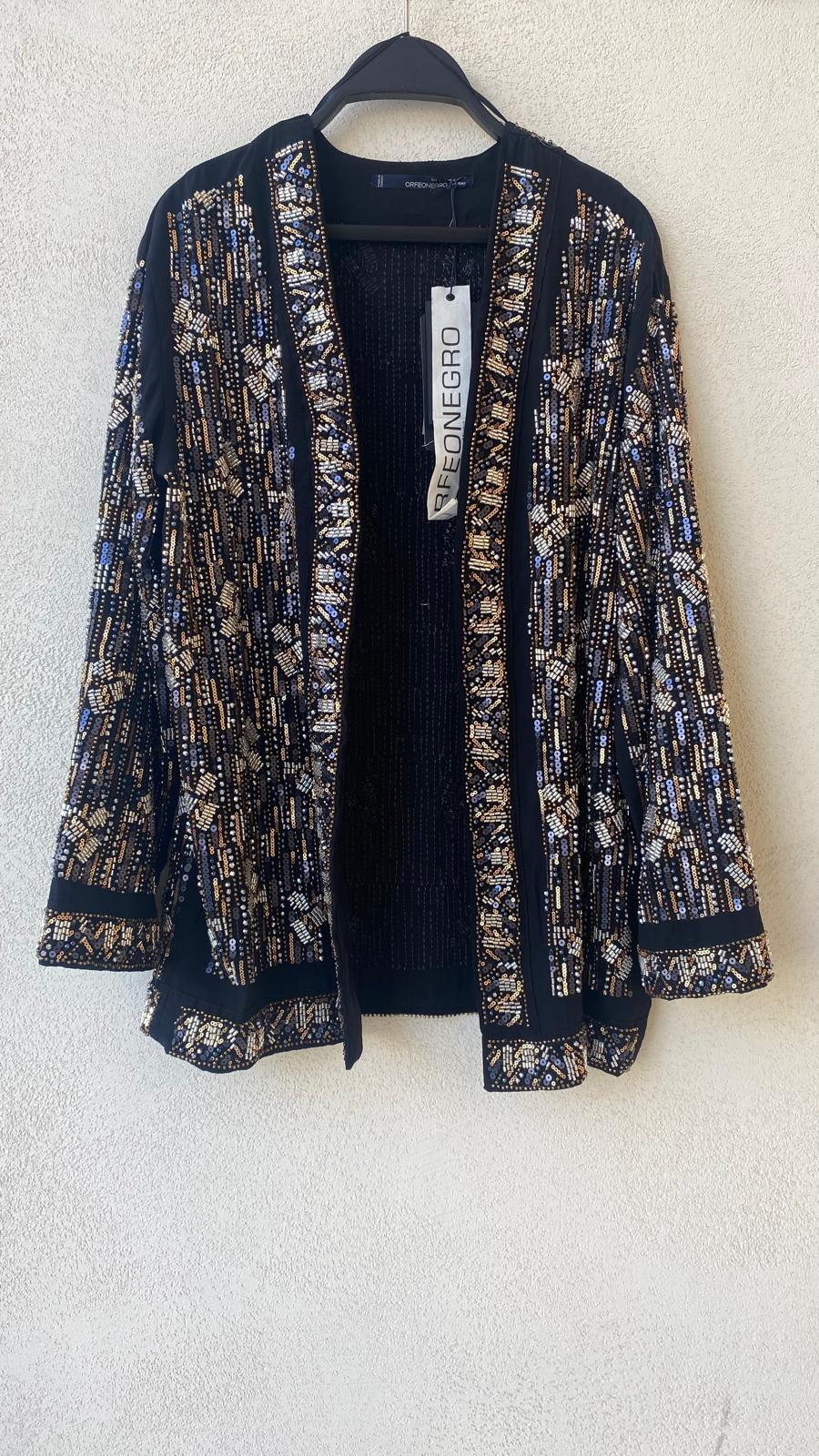 Toptan Payet ve Boncuk İşlemeli Premium Kadın Kimono Siyah