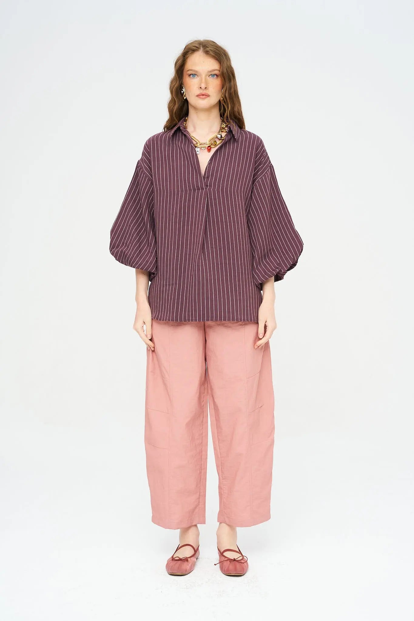 Çizgili Tencel Karışımlı Oversize Gömlek - Bordo ORFEONEGRO