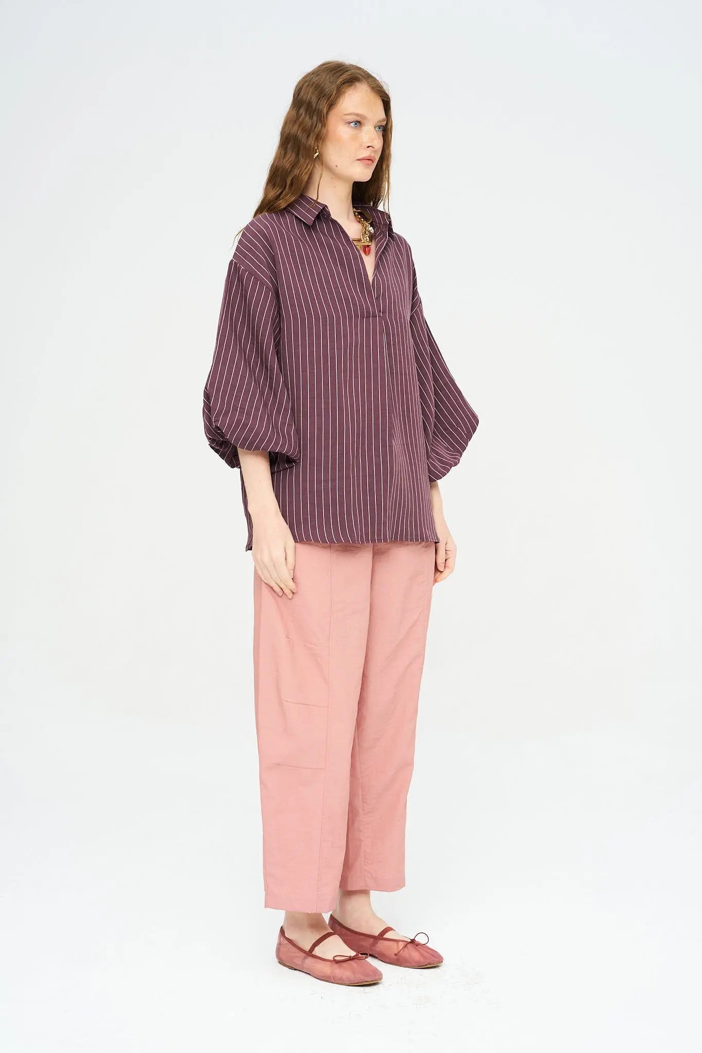 Çizgili Tencel Karışımlı Oversize Gömlek - Bordo ORFEONEGRO