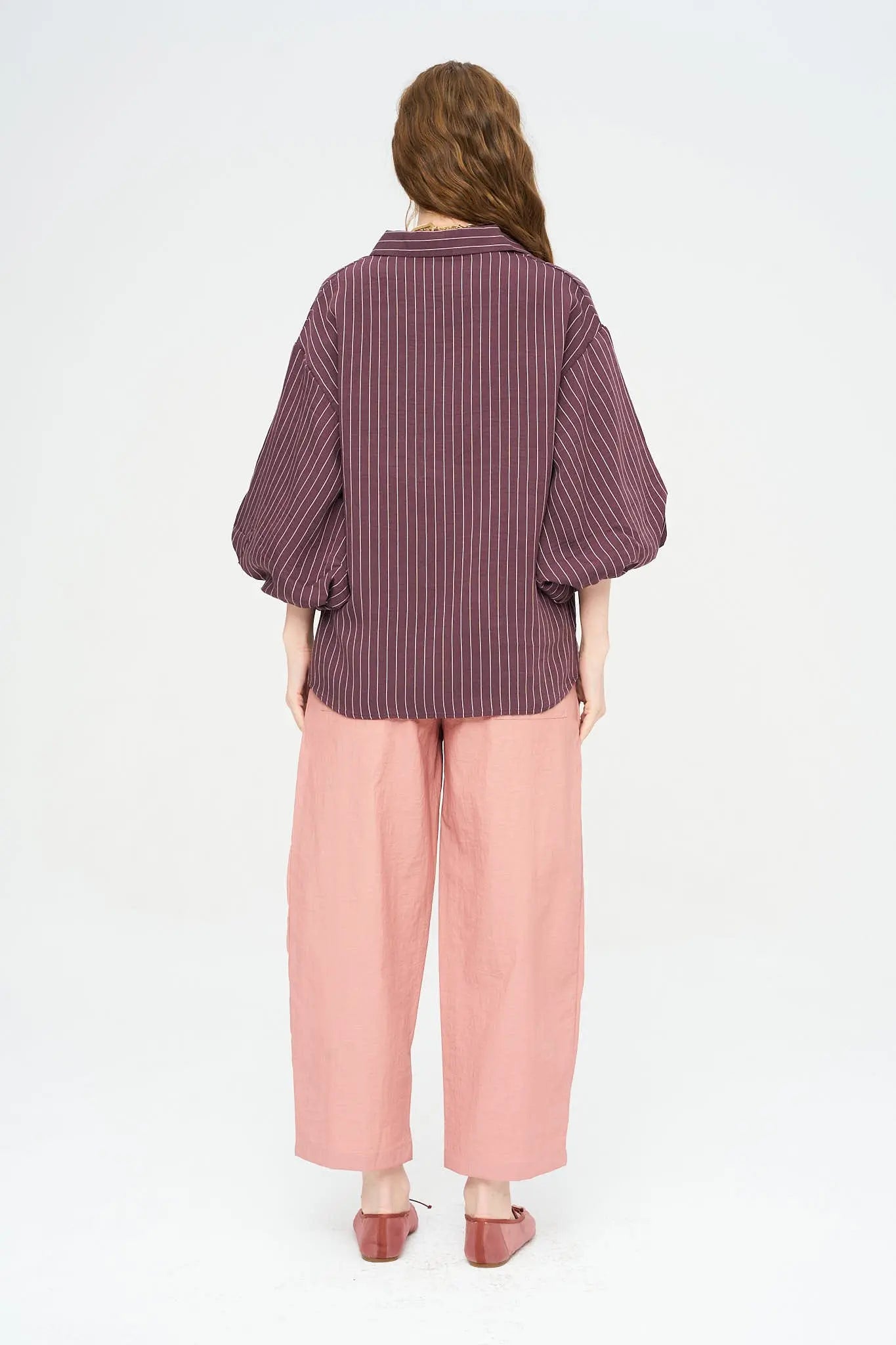 Çizgili Tencel Karışımlı Oversize Gömlek - Bordo ORFEONEGRO