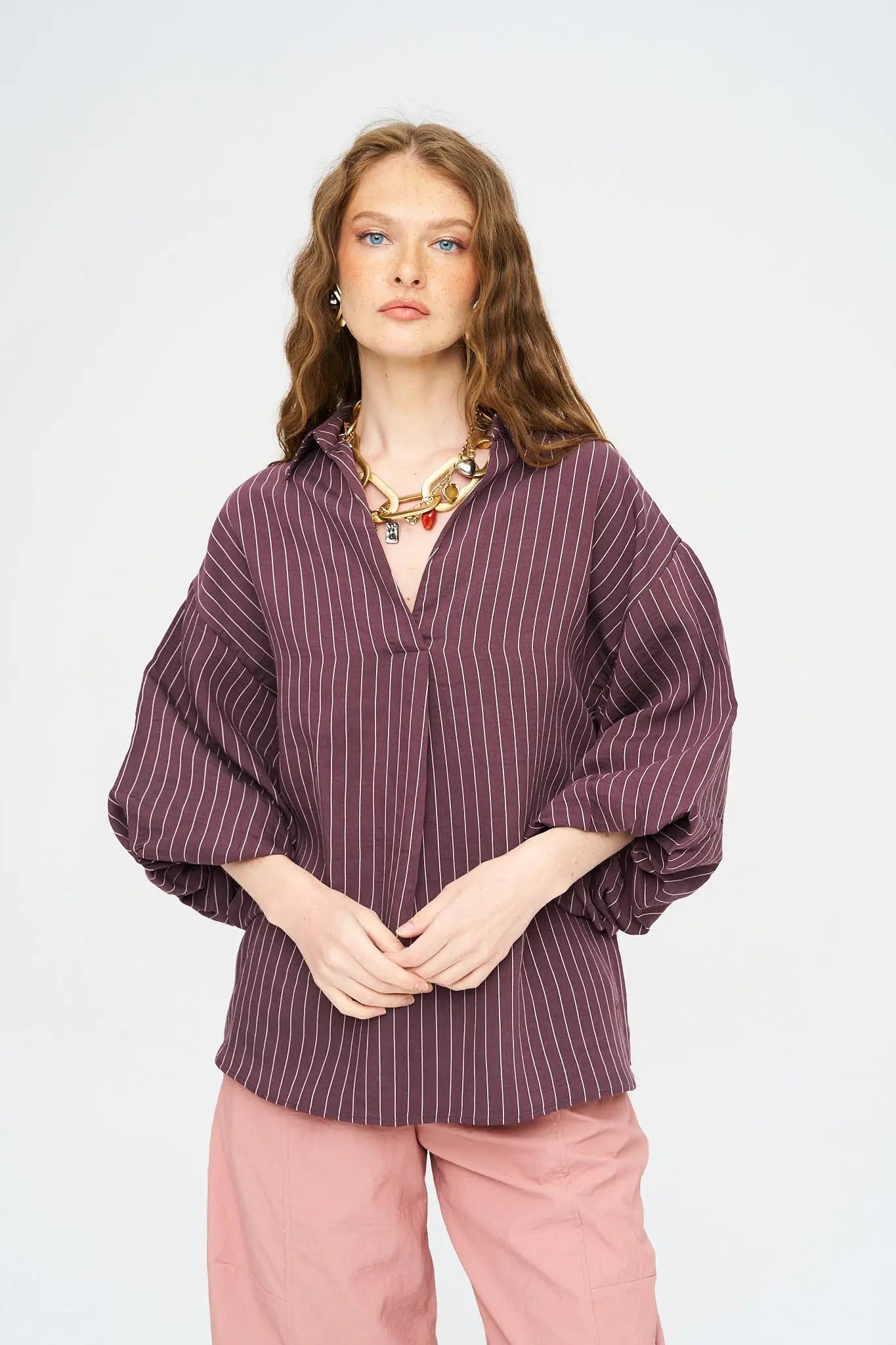 Çizgili Tencel Karışımlı Oversize Gömlek - Bordo ORFEONEGRO
