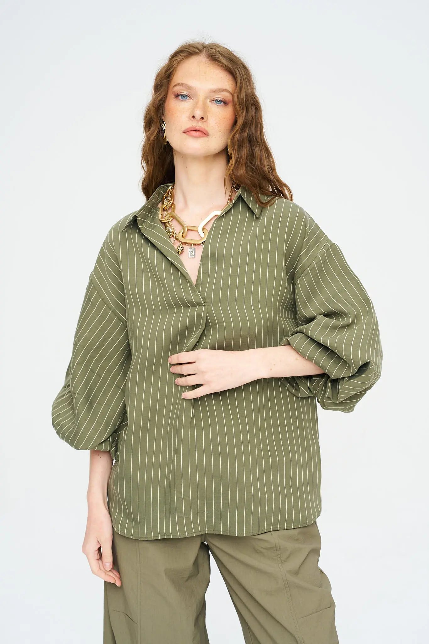Çizgili Tencel Karışımlı Oversize Gömlek - Haki ORFEONEGRO
