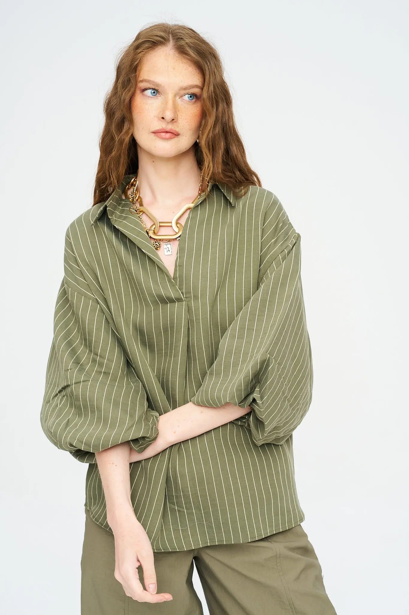 Çizgili Tencel Karışımlı Oversize Gömlek - Haki ORFEONEGRO