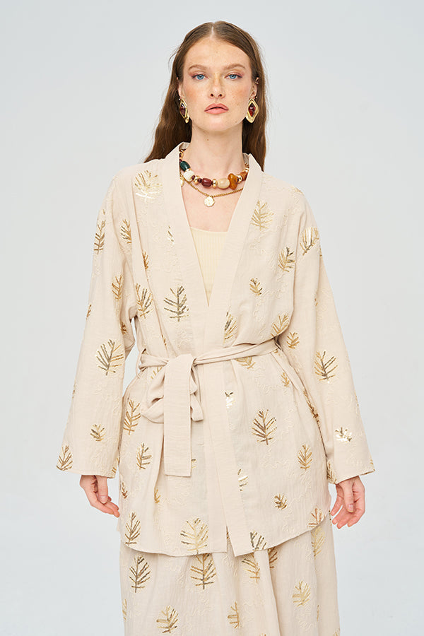 Toptan Kuşaklı Modern Kesim Yazlık Kadın Kimono Sarı