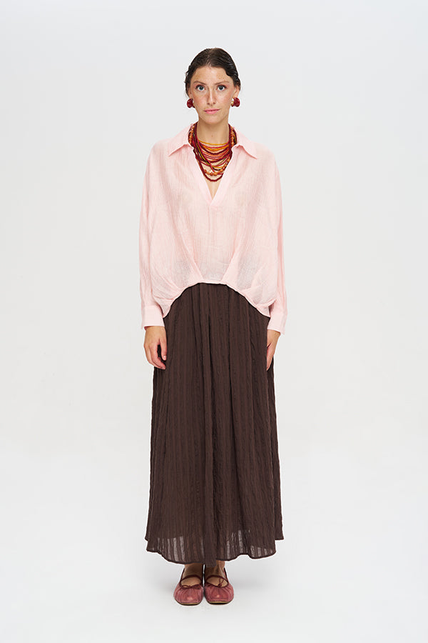 Toptan Asimetrik Kesim Pembe Tencel Kadın Gömlek