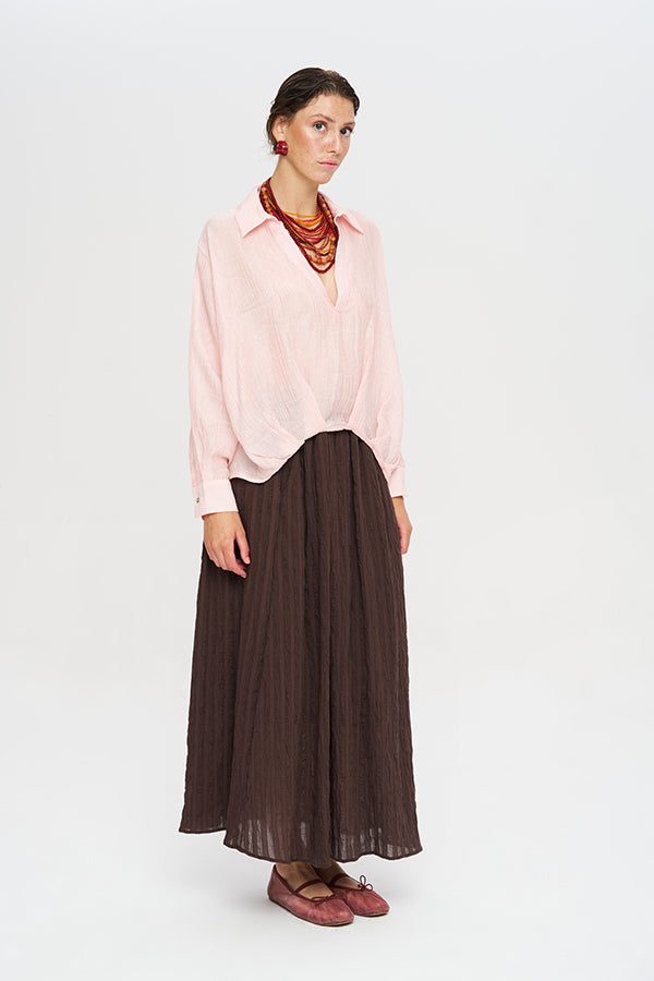 Toptan Asimetrik Kesim Pembe Tencel Kadın Gömlek