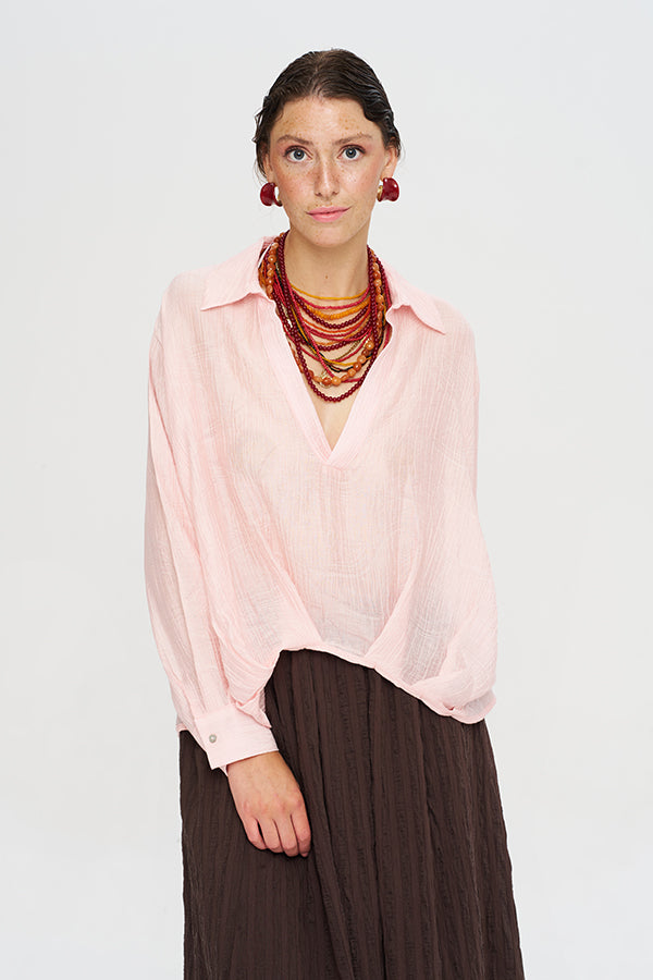 Toptan Asimetrik Kesim Pembe Tencel Kadın Gömlek
